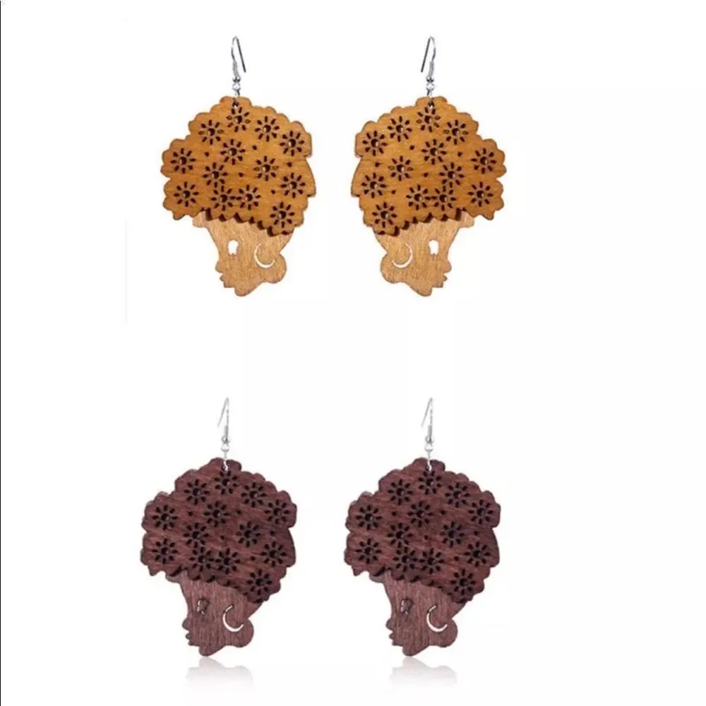 Brown Afro Beauty Shape Motion Wood Earrings - Picture 5 of 5
